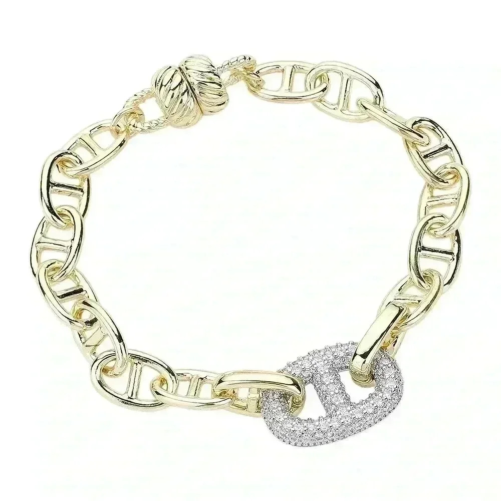 Two Tone Gucci Style Chain Bracelet w/Pave Embellishment